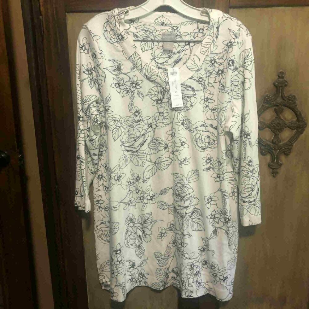 Chicos White with black floral design V-Neck Tunic Blouse Shirt Size 2